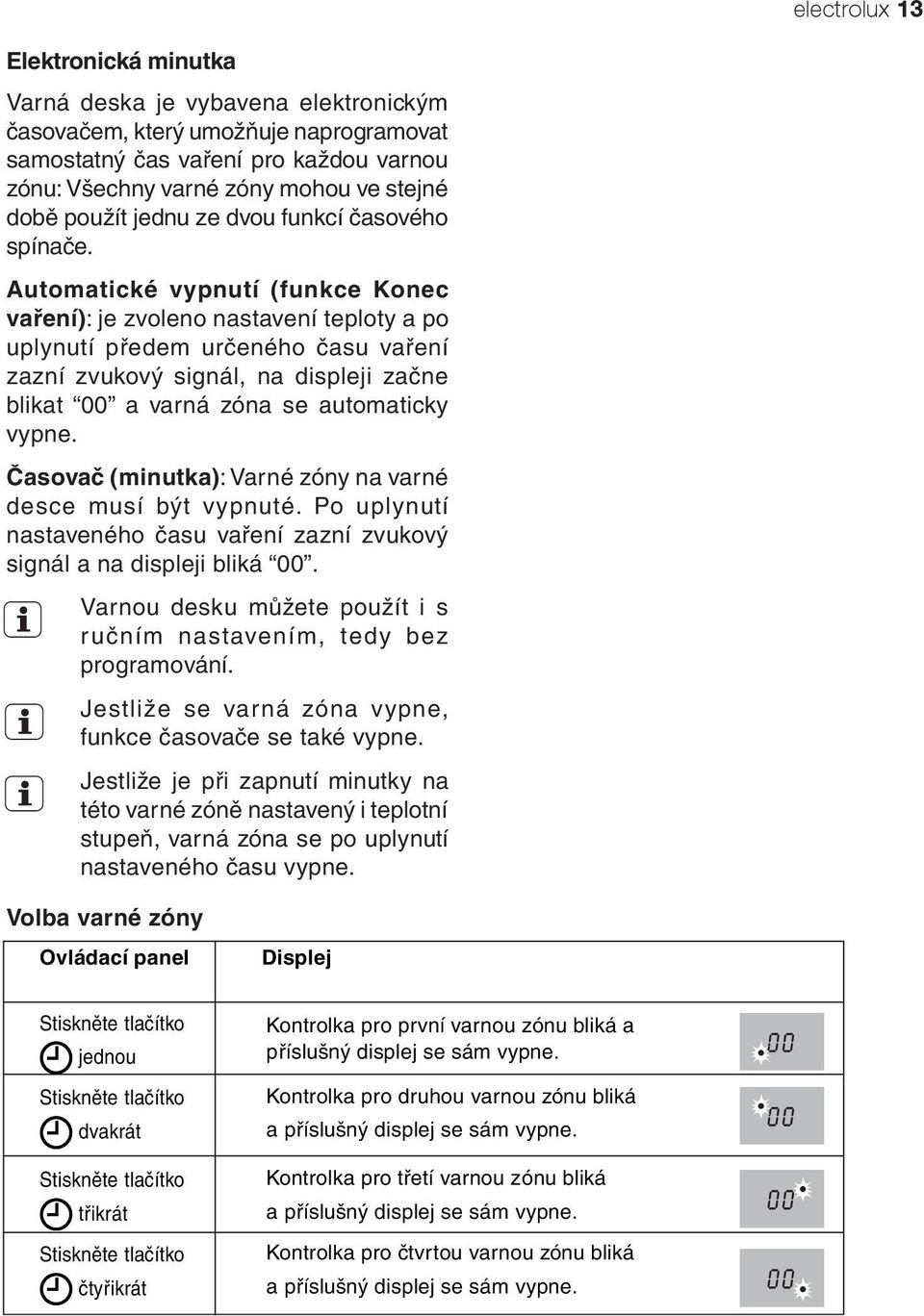 Automatické vypnutí (funkce Konec vaření): je zvoleno nastavení teploty a po uplynutí předem určeného času vaření zazní zvukový signál, na displeji začne blikat 00 a varná zóna se automaticky vypne.