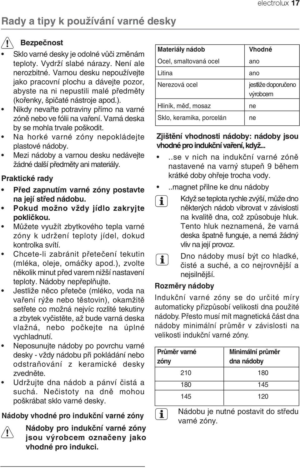 Nikdy nevařte potraviny přímo na varné zóně nebo ve fólii na vaření. Varná deska by se mohla trvale poškodit. Na horké varné zóny nepokládejte plastové nádoby.