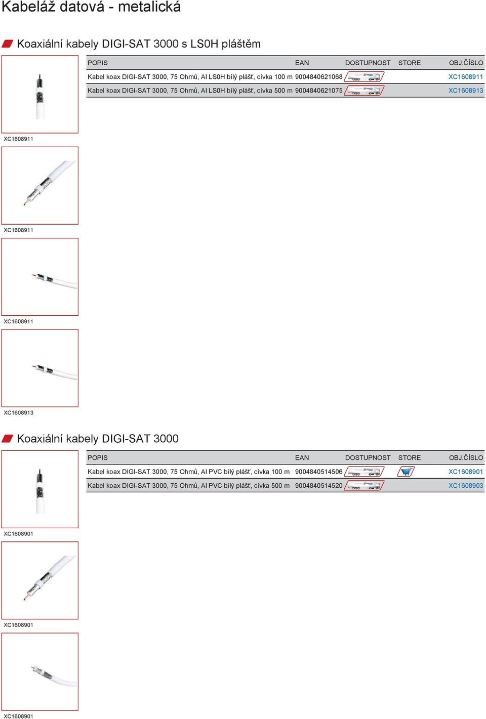 XC1608911 XC1608911 XC1608913 w Koaxiální kabely DIGI-SAT 3000 Kabel koax DIGI-SAT 3000, 75 Ohmů, Al PVC bílý plášť, cívka 100