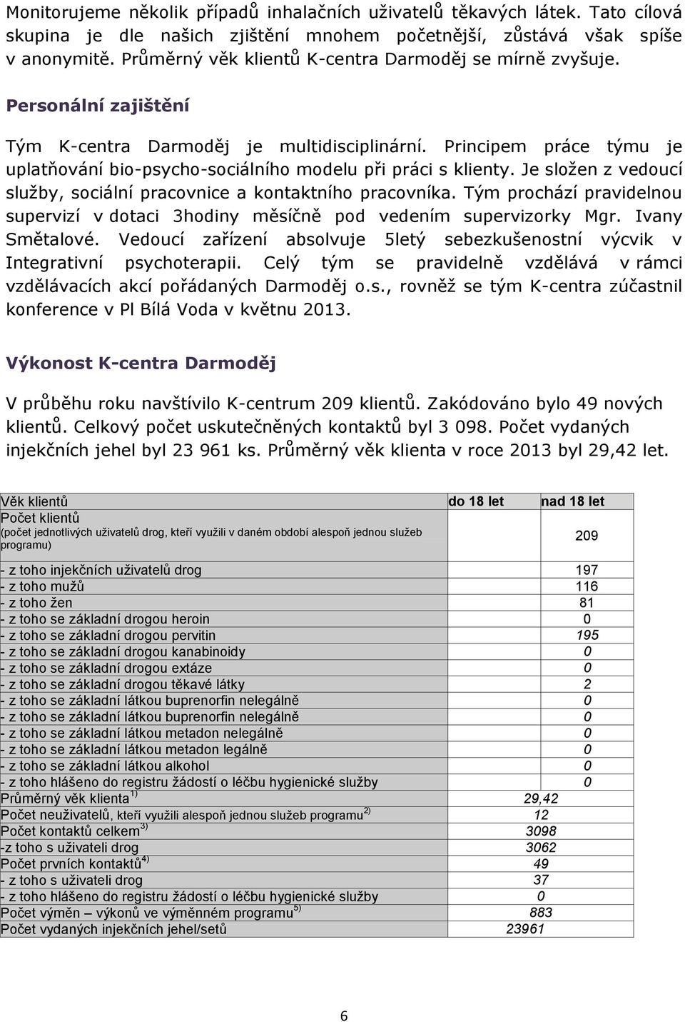 Principem práce týmu je uplatňování bio-psycho-sociálního modelu při práci s klienty. Je složen z vedoucí služby, sociální pracovnice a kontaktního pracovníka.