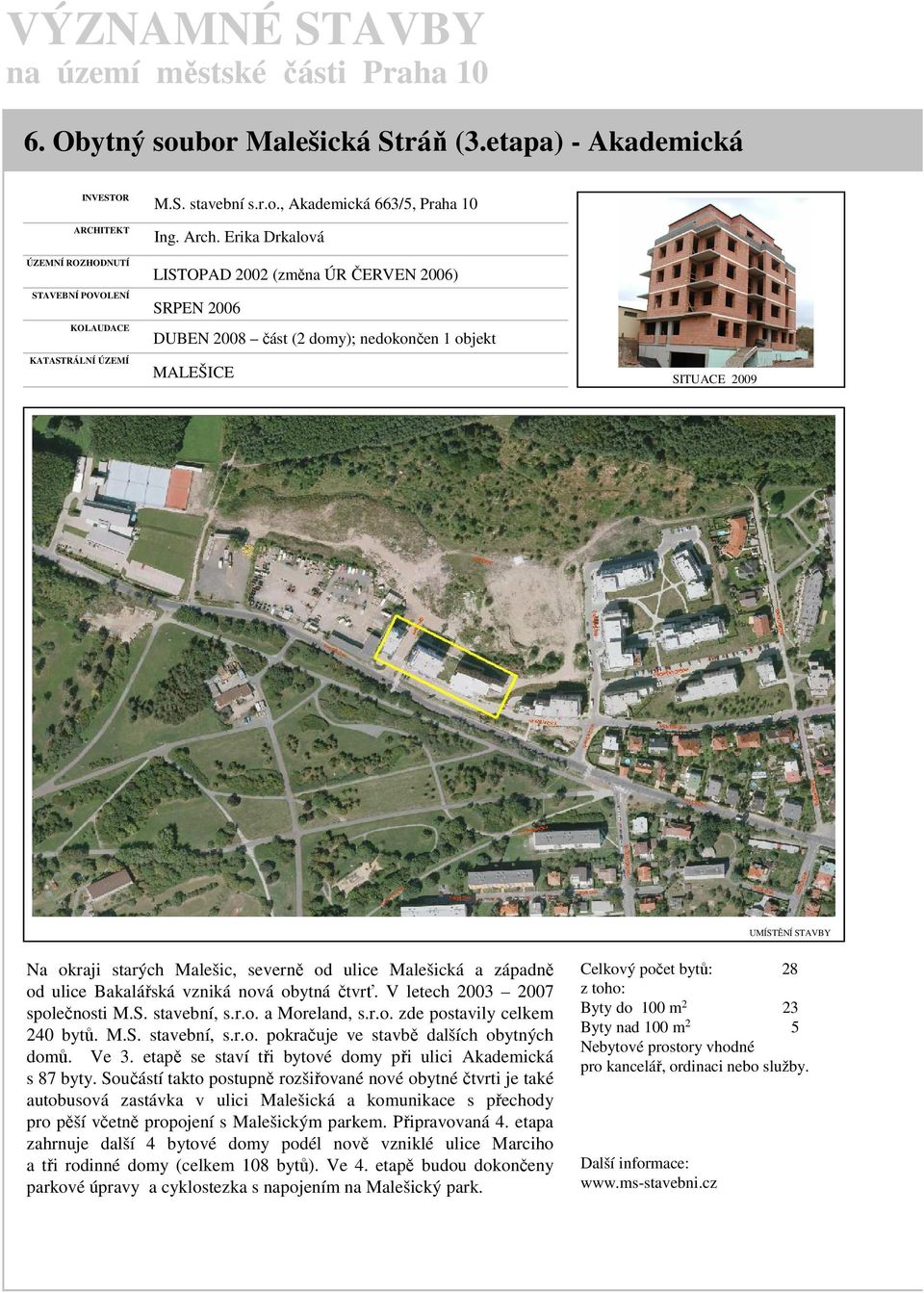 Malešická a západně od ulice Bakalářská vzniká nová obytná čtvrť. V letech 2003 2007 společnosti M.S. stavební, s.r.o. a Moreland, s.r.o. zde postavily celkem 240 bytů. M.S. stavební, s.r.o. pokračuje ve stavbě dalších obytných domů.