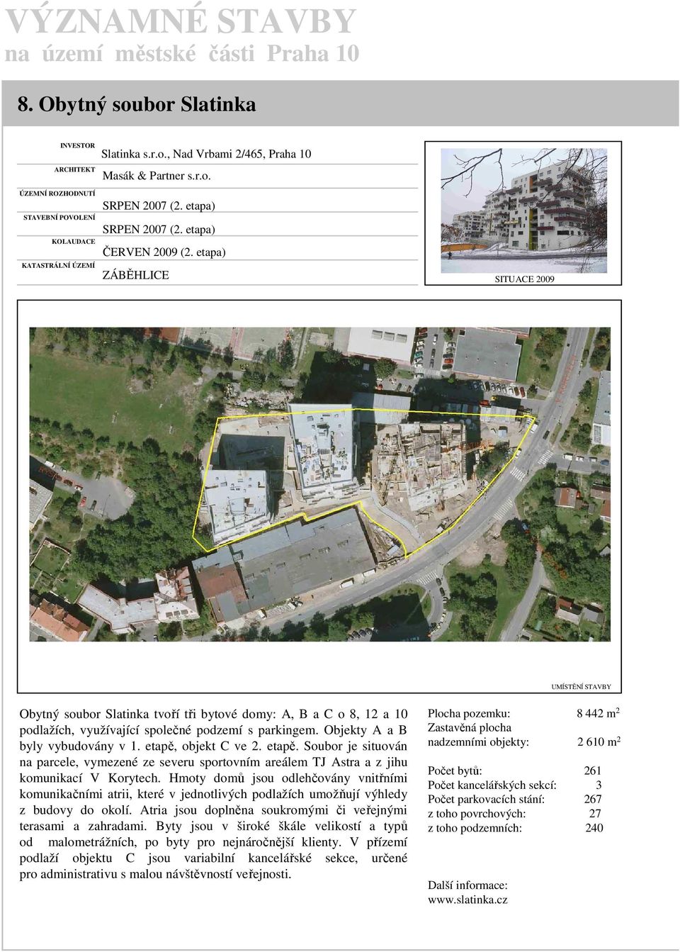 etapa) ZÁBĚHLICE SITUACE 2009 UMÍSTĚNÍ STAVBY Obytný soubor Slatinka tvoří tři bytové domy: A, B a C o 8, 12 a 10 podlažích, využívající společné podzemí s parkingem.