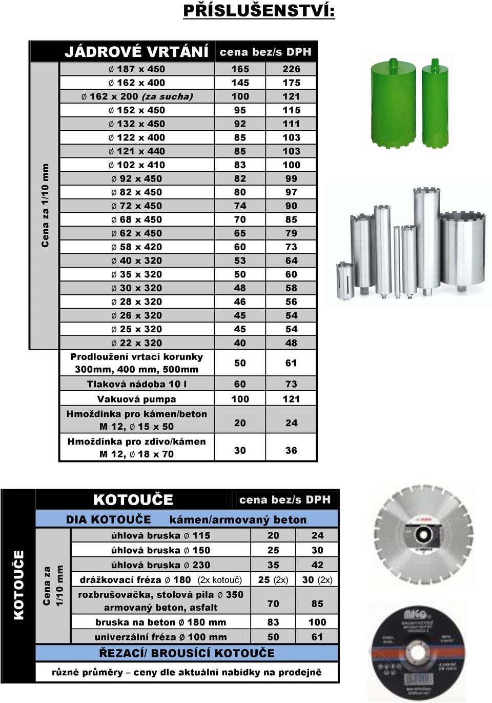 320 45 54 22 x 320 40 48 Prodloužení vrtací korunky 300mm, 400 mm, 500mm 50 61 Tlaková nádoba 10 l 60 73 Vakuová pumpa 100 121 Hmoždinka pro kámen/beton M 12, 15 x 50 20 24 Hmoždinka pro zdivo/kámen