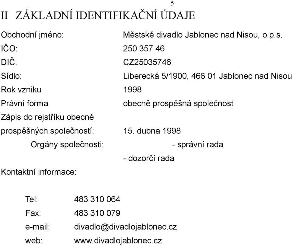 Rok vzniku 998 Právní forma obecně prospěšná společnost Zápis do rejstříku obecně prospěšných společností: 5.