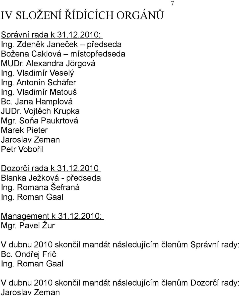 Soňa Paukrtová Marek Pieter Jaroslav Zeman Petr Vobořil Dozorčí rada k 3.. Blanka Ježková - předseda Ing. Romana Šefraná Ing.
