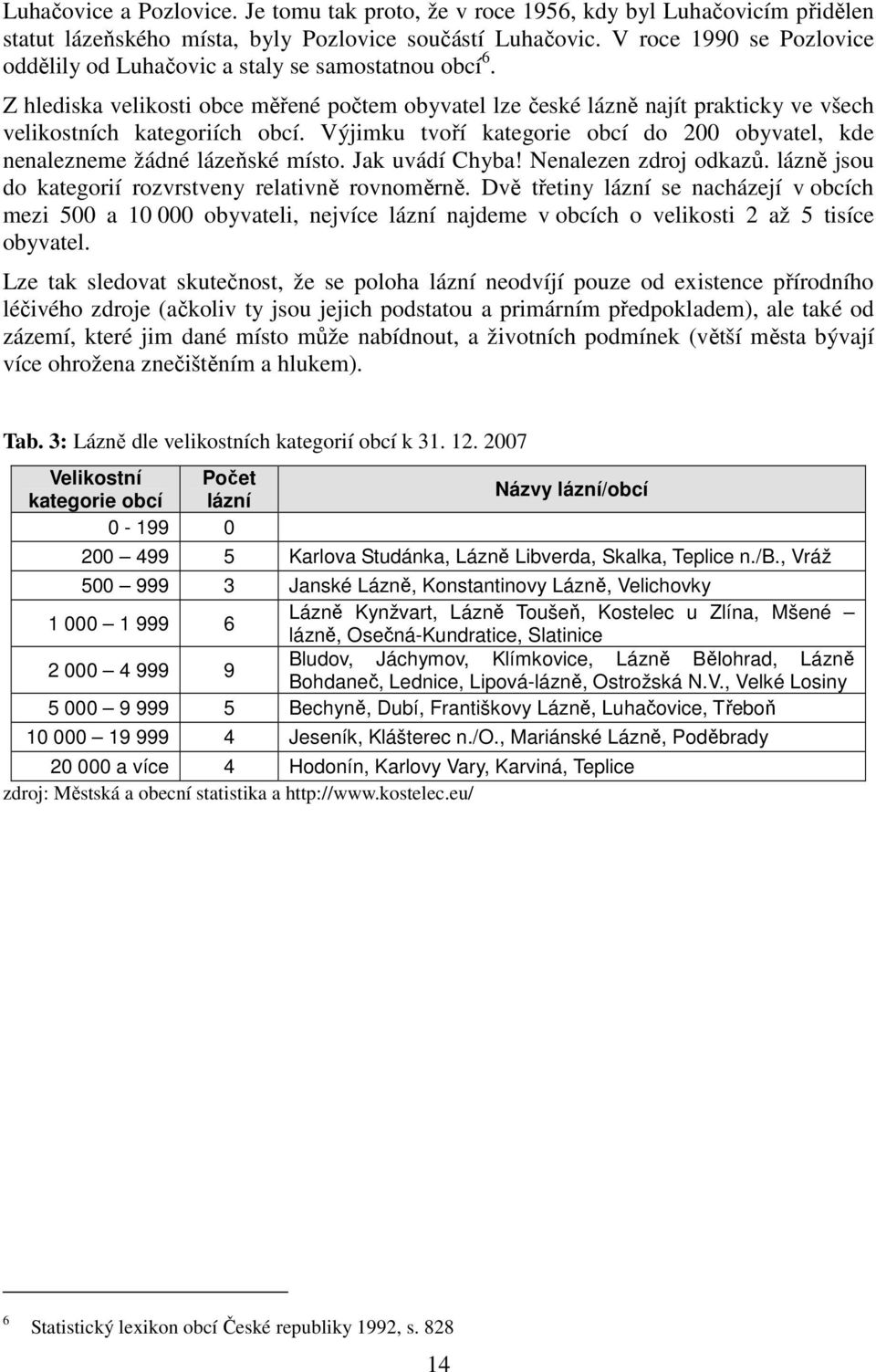 Výjimku tvoří kategorie obcí do 200 obyvatel, kde nenalezneme žádné lázeňské místo. Jak uvádí Chyba! Nenalezen zdroj odkazů. lázně jsou do kategorií rozvrstveny relativně rovnoměrně.