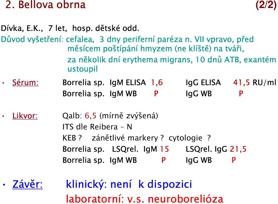 Borrelia sp. IgM ELISA 1,6 IgG ELISA 41,5 RU/ml Borrelia sp.