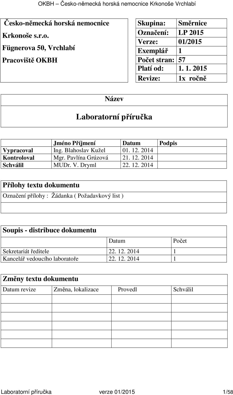 V. Dryml 22. 12. 2014 Přílohy textu dokumentu Označení přílohy : Žádanka ( Požadavkový list ) Soupis - distribuce dokumentu Datum Sekretariát ředitele 22. 12. 2014 1 Kancelář vedoucího laboratoře 22.