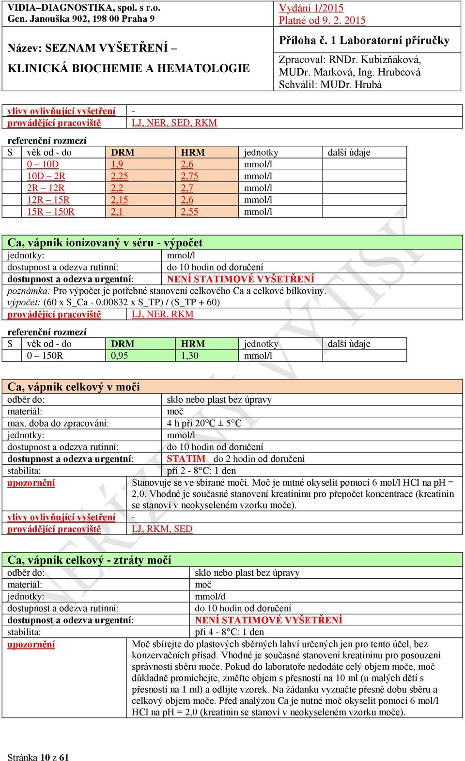 00832 x S_TP) / (S_TP + 60) provádějící pracoviště LJ, NER, RKM 0 150R 0,95 1,30 mmol/l Ca, vápník celkový v moči sklo nebo plast bez úpravy moč mmol/l při 2-8 C: 1 den Stanovuje se ve sbírané moči.