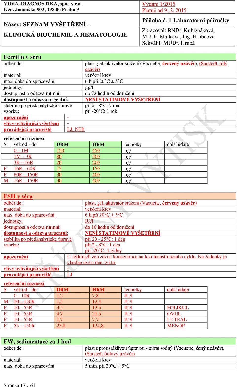 3R 16R 20 200 µg/l F 16R 60R 15 150 µg/l F 60R 150R 30 400 µg/l M 16R 150R 30 400 µg/l FSH v séru plast, gel, aktivátor srážení (Vacuette, červený max.