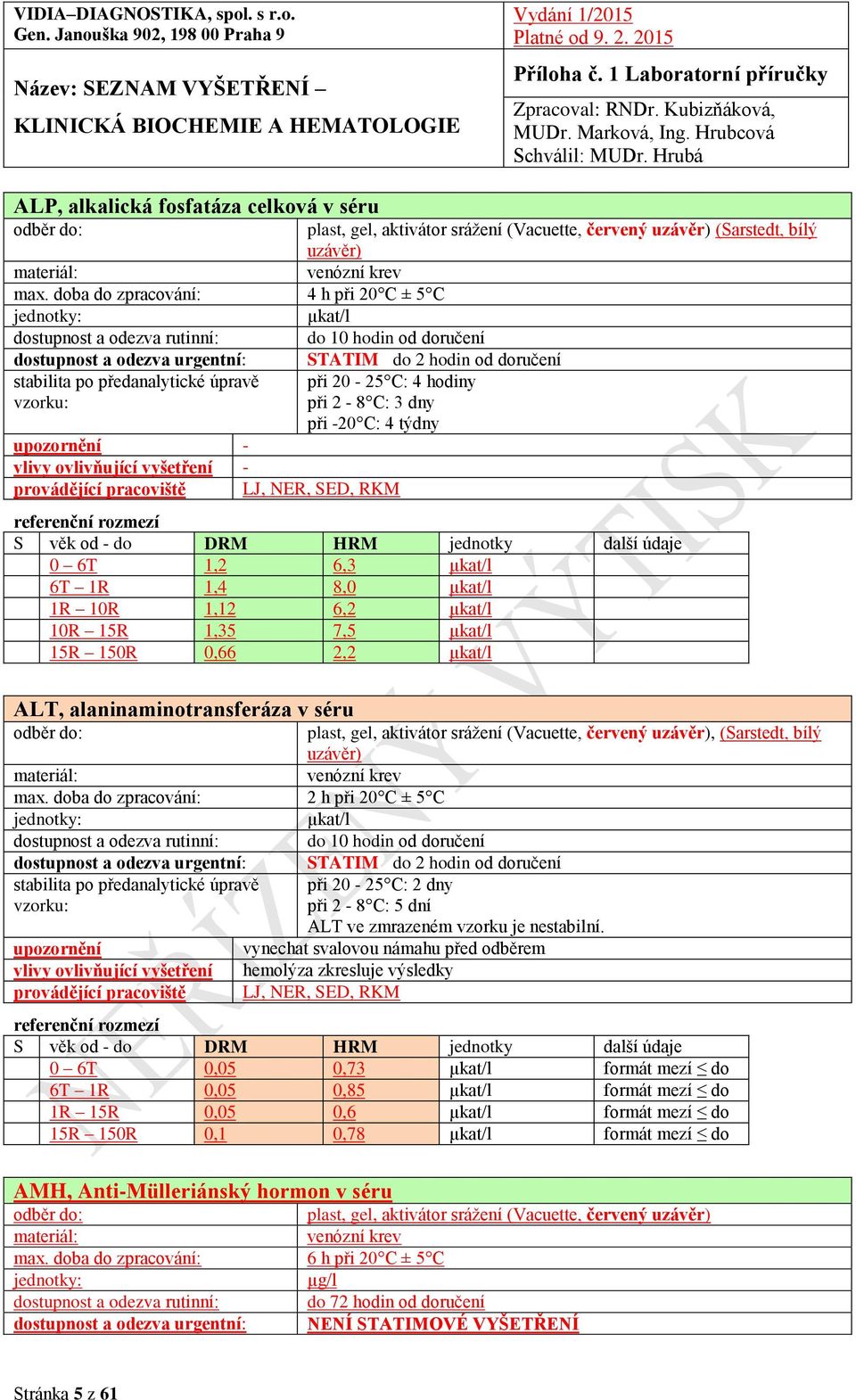 doba do zpracování: 2 h při 20 C ± 5 C µkat/l při 20-25 C: 2 dny při 2-8 C: 5 dní ALT ve zmrazeném vzorku je nestabilní.