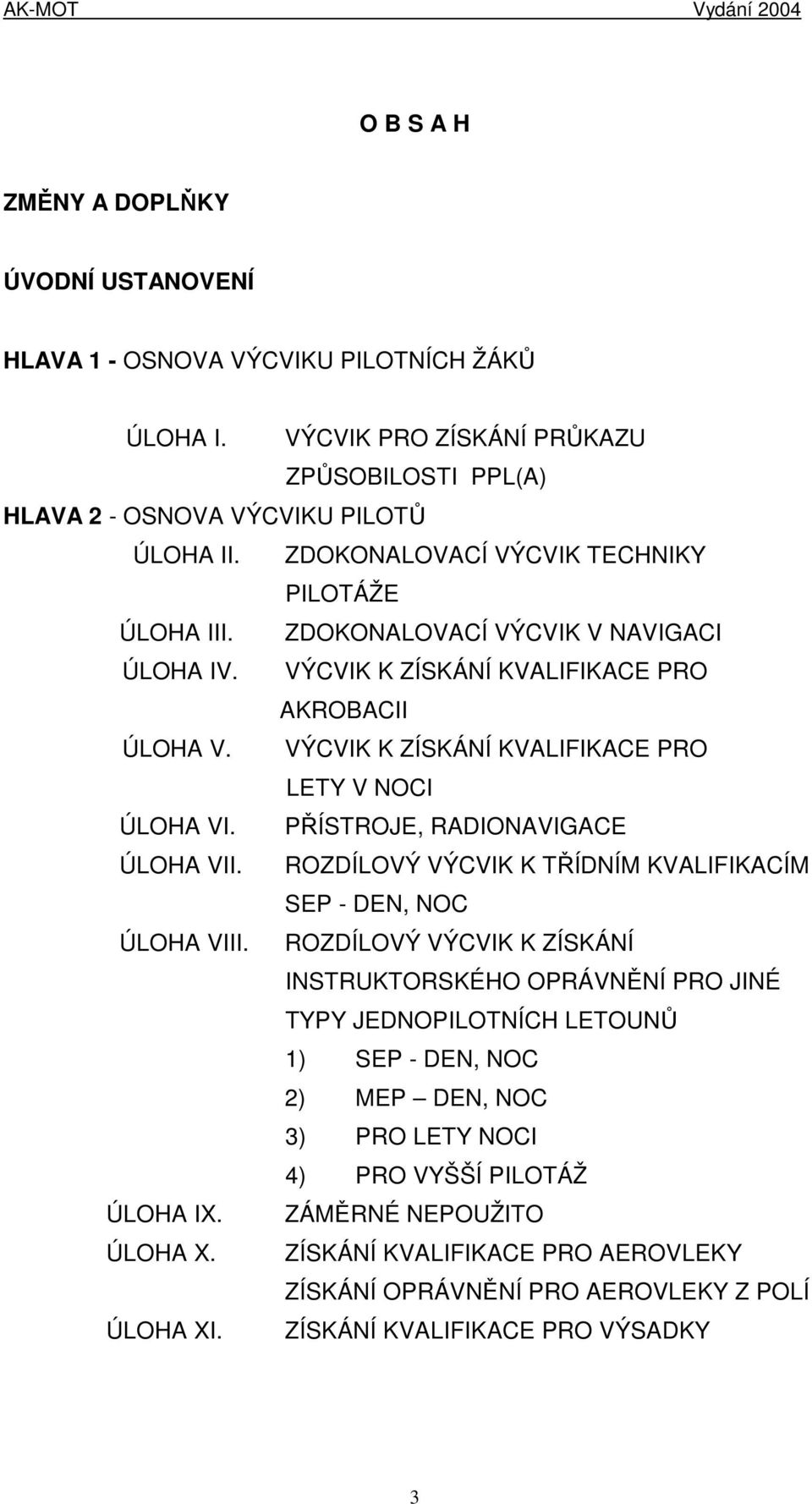 PŘÍSTROJE, RADIONAVIGACE ÚLOHA VII. ROZDÍLOVÝ VÝCVIK K TŘÍDNÍM KVALIFIKACÍM SEP - DEN, NOC ÚLOHA VIII.