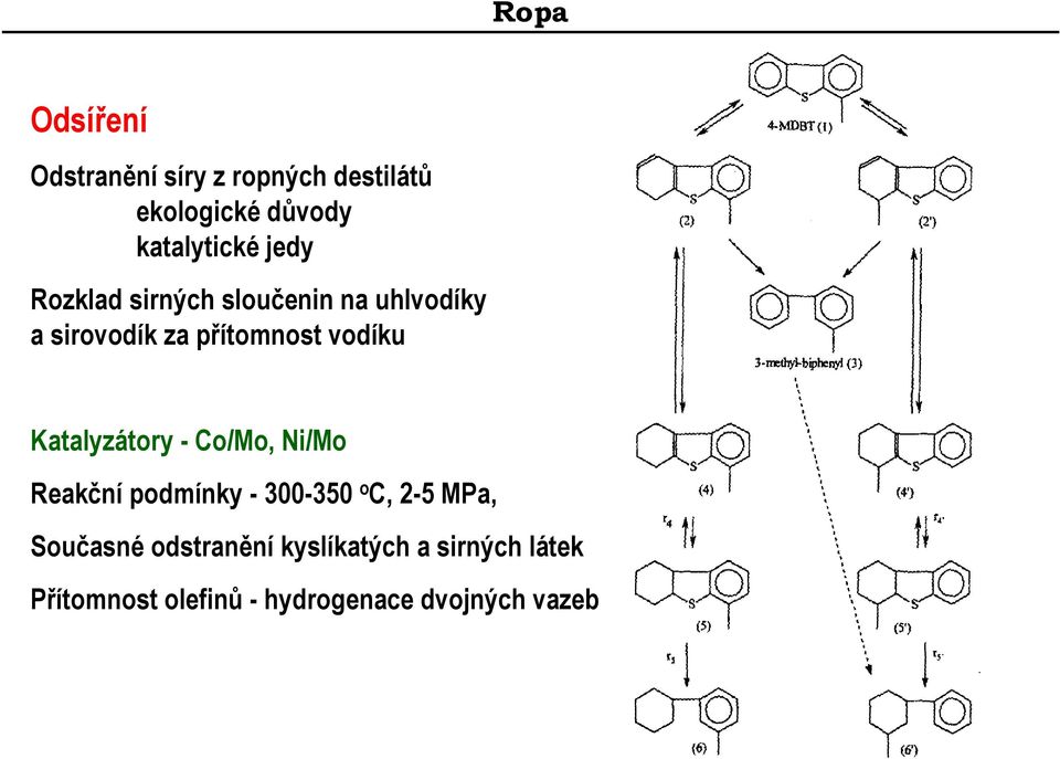 Katalyzátory - Co/Mo, Ni/Mo Reakční podmínky - 300-350 o C, 2-5 MPa, Současné