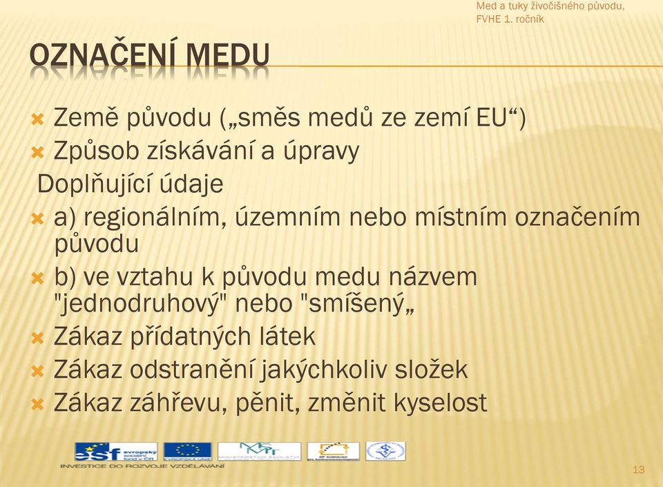 vztahu k původu medu názvem "jednodruhový" nebo "smíšený Zákaz přídatných