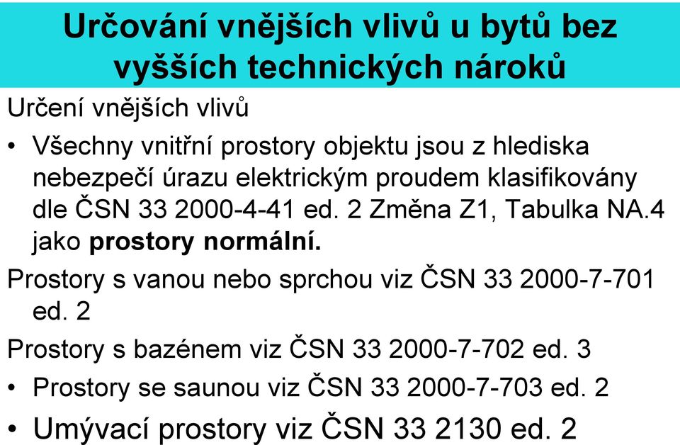 2 Změna Z1, Tabulka NA.4 jako prostory normální. Prostory s vanou nebo sprchou viz ČSN 33 2000-7-701 ed.
