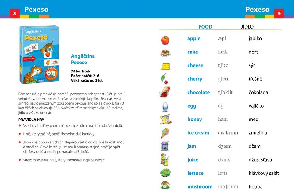PRAVIDLA HRY Všechny kartičky promícháme a rozložíme na stole obrázky dolů. Angličtina Pexeso 70 kartiček Počet hráčů: 2 6 Věk hráčů: od 3 let Hráč, který začíná, otočí libovolné dvě kartičky.