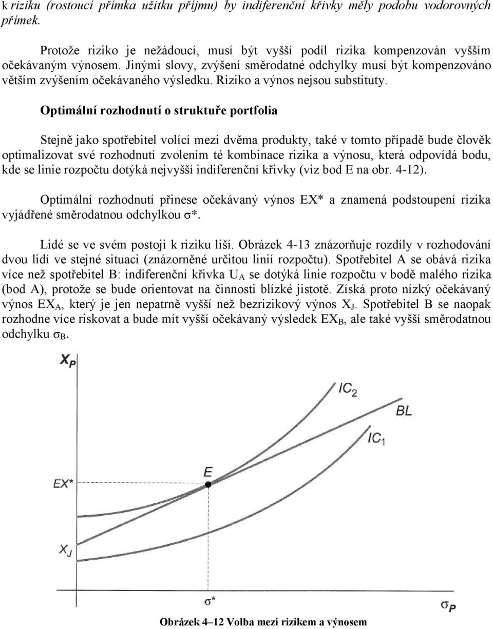 Optimální rozhodnutí o struktuře portfolia Stejně jako spotřebitel volící mezi dvěma produkty, také v tomto případě bude člověk optimalizovat své rozhodnutí zvolením té kombinace rizika a výnosu,