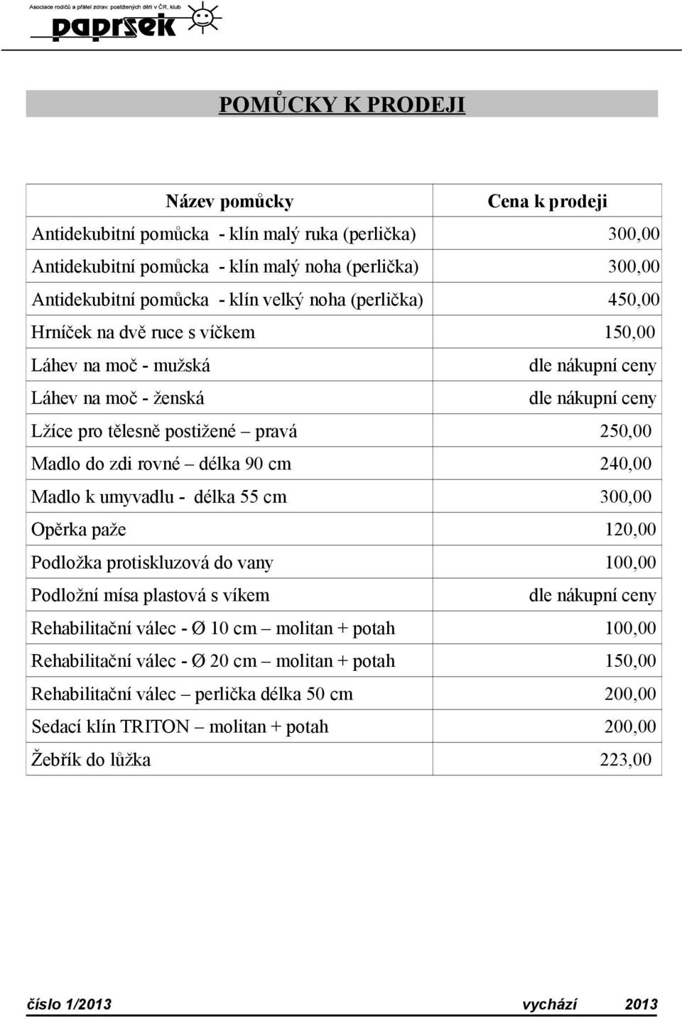 zdi rovné délka 90 cm 240,00 Madlo k umyvadlu - délka 55 cm 300,00 Opěrka paže 120,00 Podložka protiskluzová do vany 100,00 Podložní mísa plastová s víkem dle nákupní ceny Rehabilitační válec -