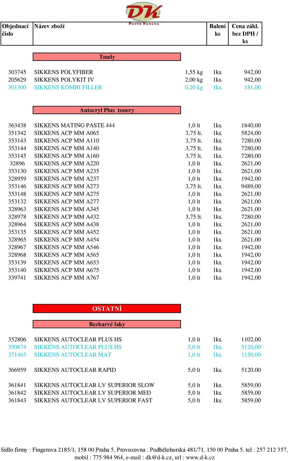 1. 7280,00 353145 SIKKENS ACP MM A160 3,75 lt. 1. 7280,00 32896 SIKKENS ACP MM A220 1,0 lt 1. 2621,00 353130 SIKKENS ACP MM A235 1,0 lt 1. 2621,00 328959 SIKKENS ACP MM A237 1,0 lt 1.