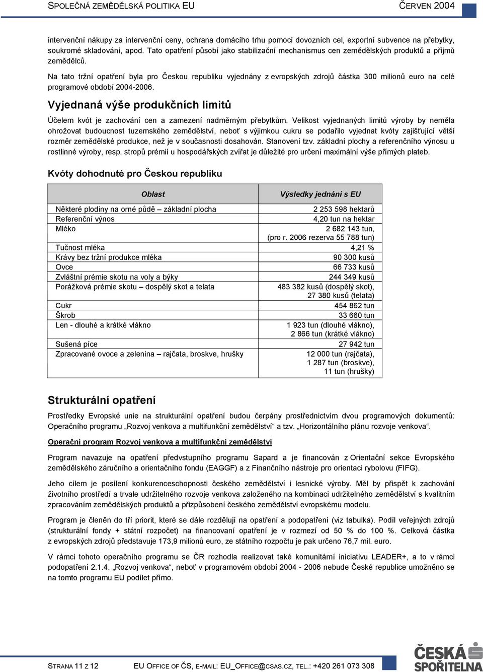 Na tato tržní opatření byla pro Českou republiku vyjednány z evropských zdrojů částka 300 milionů euro na celé programové období 2004-2006.