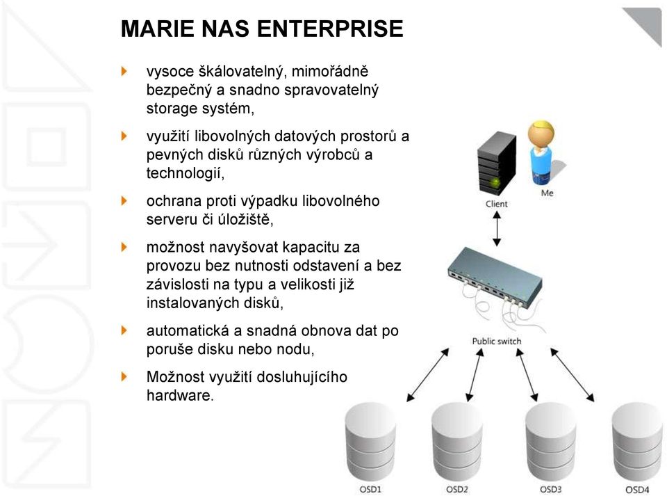 serveru či úložiště, možnost navyšovat kapacitu za provozu bez nutnosti odstavení a bez závislosti na typu a