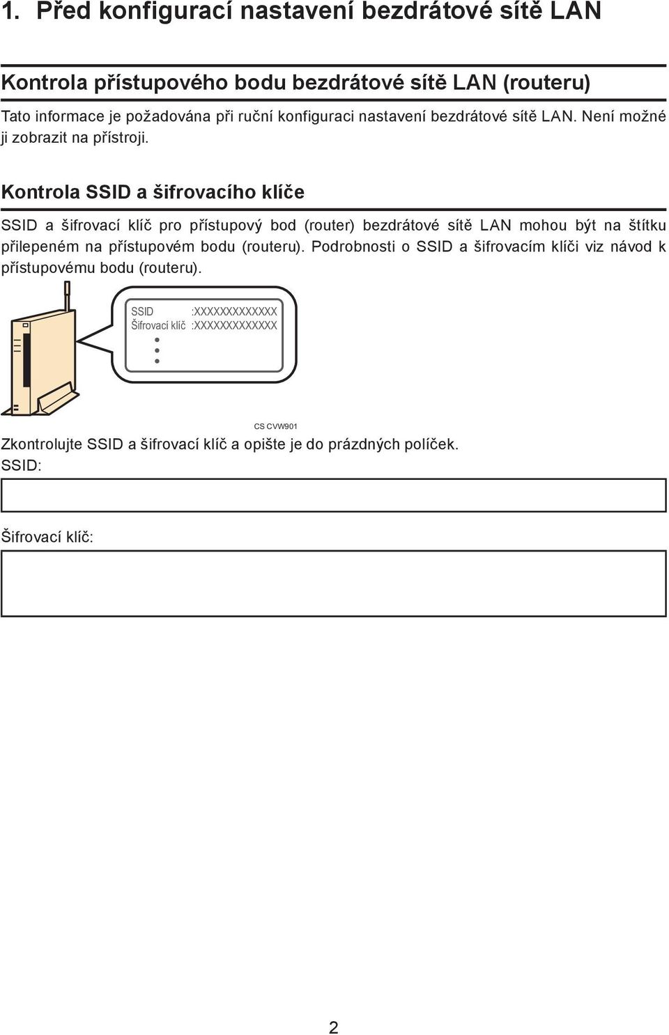 Kontrola SSID a šifrovacího klíče SSID a šifrovací klíč pro přístupový bod (router) bezdrátové sítě LAN mohou být na štítku přilepeném na přístupovém bodu