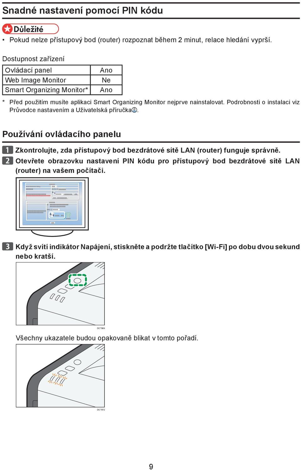 Podrobnosti o instalaci viz Průvodce nastavením a Uživatelská příručka. Používání ovládacího panelu Zkontrolujte, zda přístupový bod bezdrátové sítě LAN (router) funguje správně.