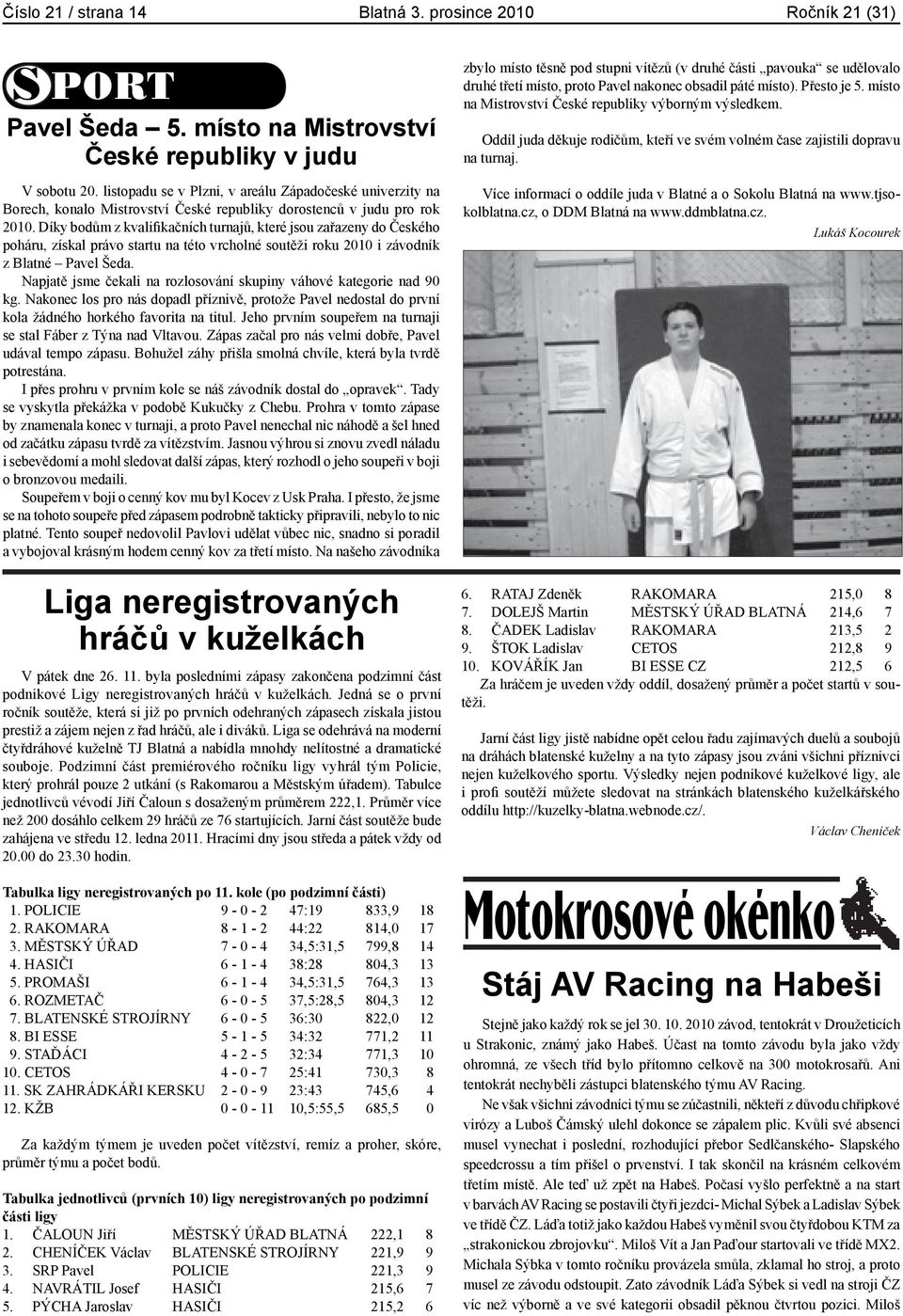 Díky bodům z kvalifikačních turnajů, které jsou zařazeny do Českého poháru, získal právo startu na této vrcholné soutěži roku 2010 i závodník z Blatné Pavel Šeda.
