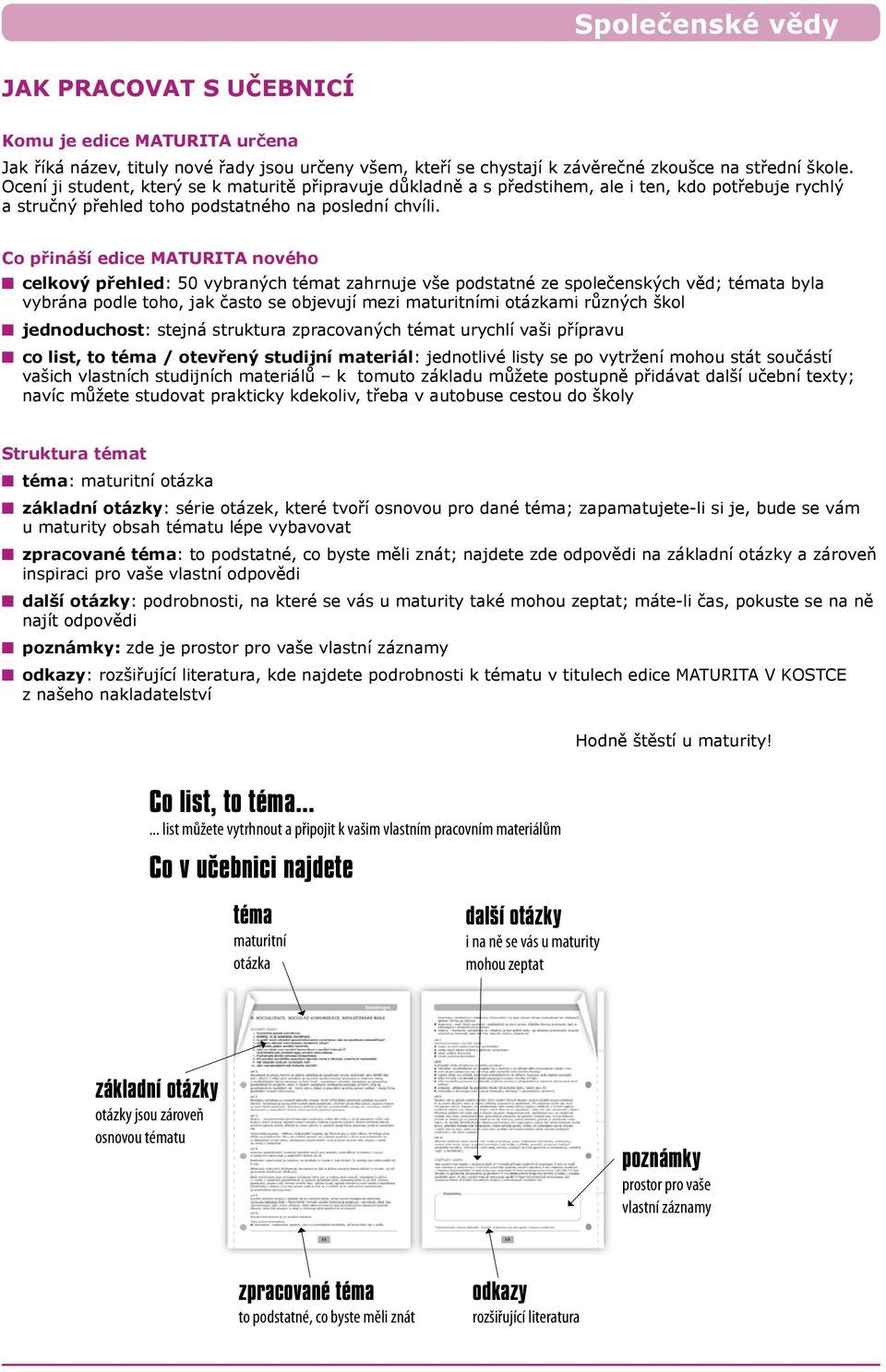 Co přináší edice Maturita nového celkový přehled: 50 vybraných témat zahrnuje vše podstatné ze společenských věd; témata byla vybrána podle toho, jak často se objevují mezi maturitními otázkami