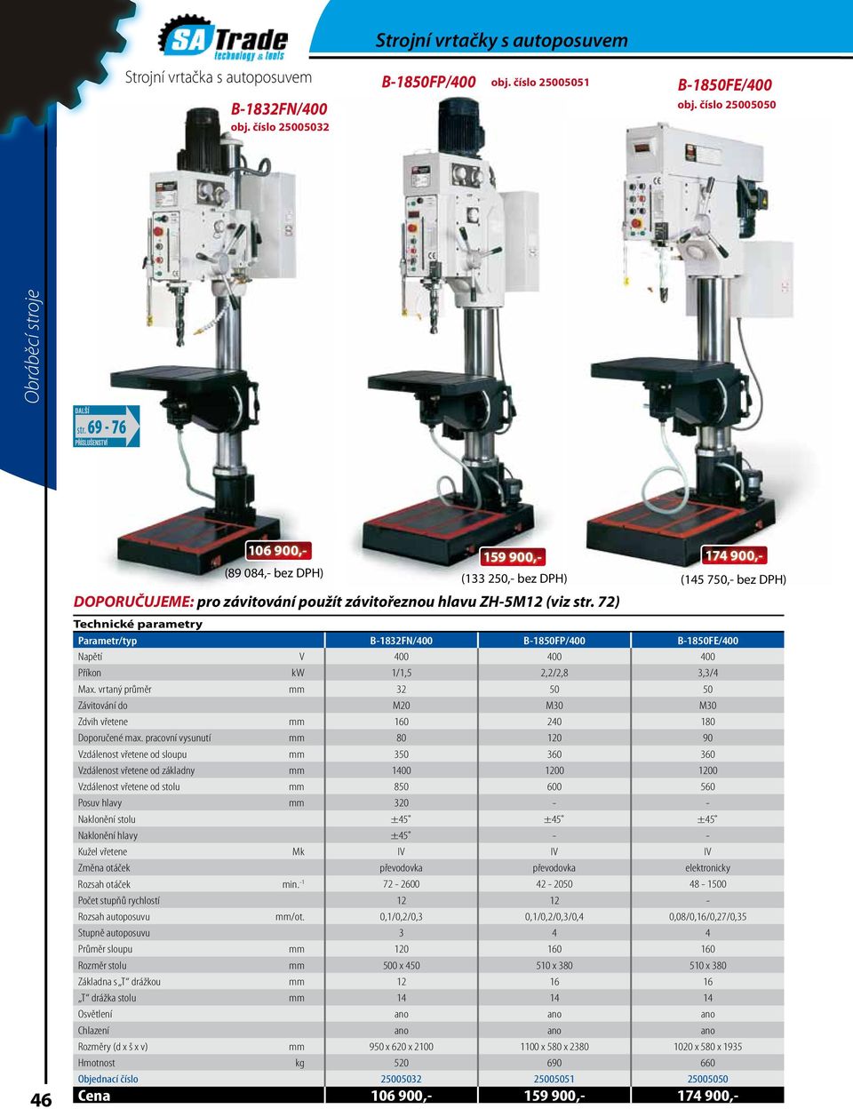 72) 174 900,- (145 750,- bez DPH) Parametr/typ B-1832FN/400 B-1850FP/400 B-1850FE/400 Napětí V 400 400 400 Příkon kw 1/1,5 2,2/2,8 3,3/4 Max.