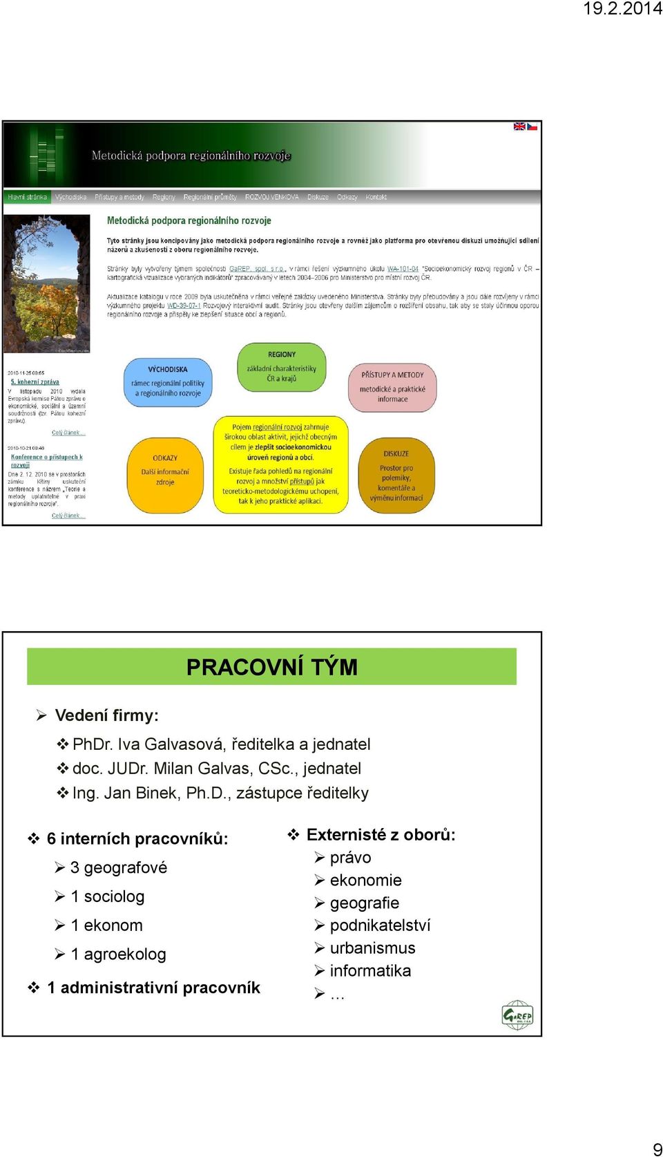 , zástupce ředitelky 6 interních pracovníků: 3 geografové 1 sociolog 1 ekonom 1