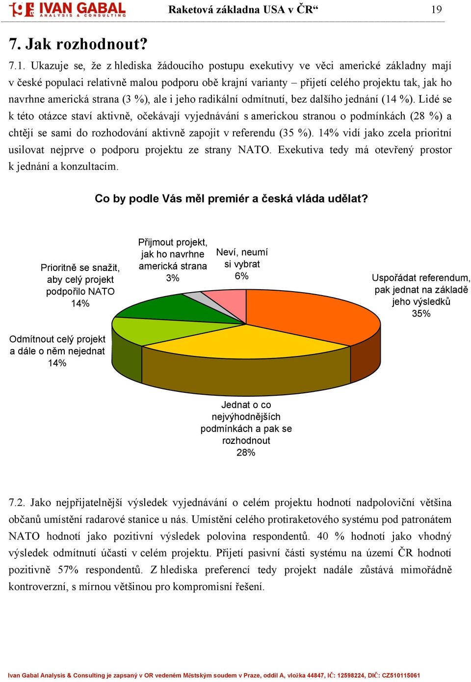 Ukazuje se, že z hlediska žádoucího postupu exekutivy ve věci americké základny mají v české populaci relativně malou podporu obě krajní varianty přijetí celého projektu tak, jak ho navrhne americká