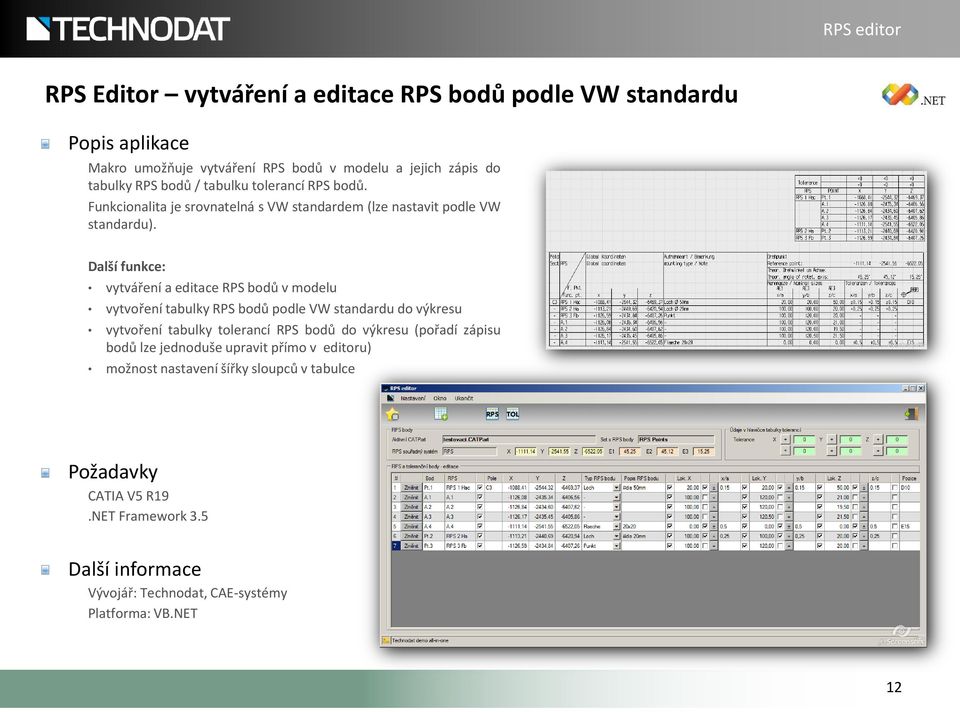 vytváření a editace RPS bodů v modelu vytvoření tabulky RPS bodů podle VW standardu do výkresu vytvoření tabulky tolerancí RPS bodů do výkresu