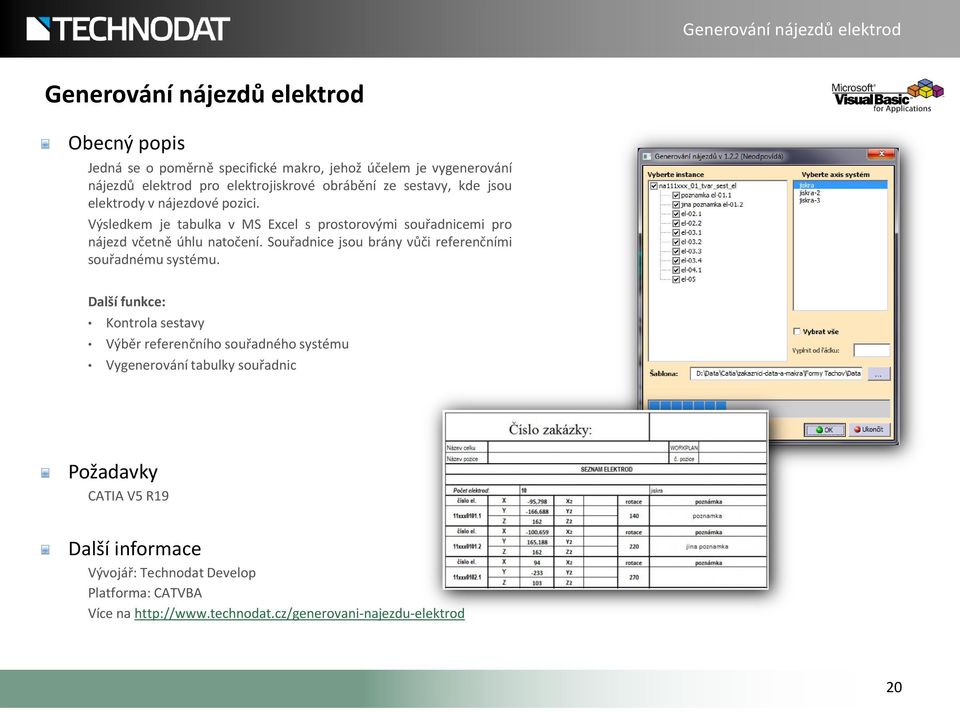 Výsledkem je tabulka v MS Excel s prostorovými souřadnicemi pro nájezd včetně úhlu natočení.