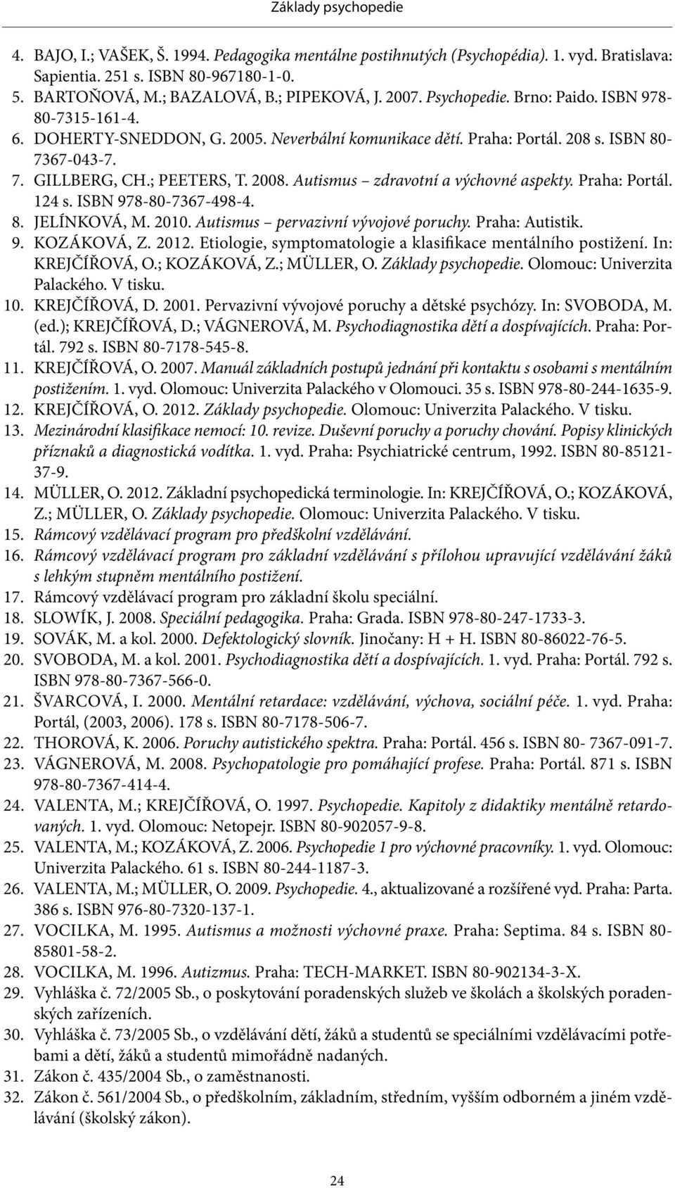 Autismus zdravotní a výchovné aspekty. Praha: Portál. 124 s. ISBN 978-80-7367-498-4. 8. JELÍNKOVÁ, M. 2010. Autismus pervazivní vývojové poruchy. Praha: Autistik. 9. KOZÁKOVÁ, Z. 2012.