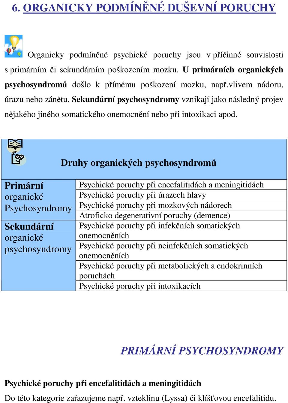 Sekundární psychosyndromy vznikají jako následný projev nějakého jiného somatického onemocnění nebo při intoxikaci apod.