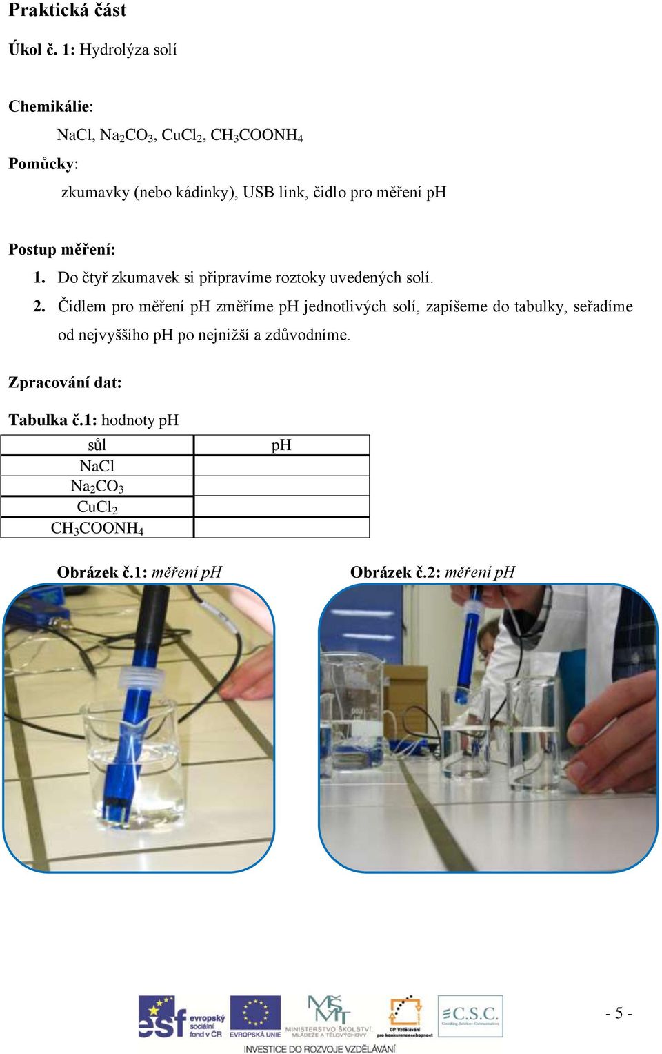 měření ph Postup měření: 1. Do čtyř zkumavek si připravíme roztoky uvedených solí. 2.