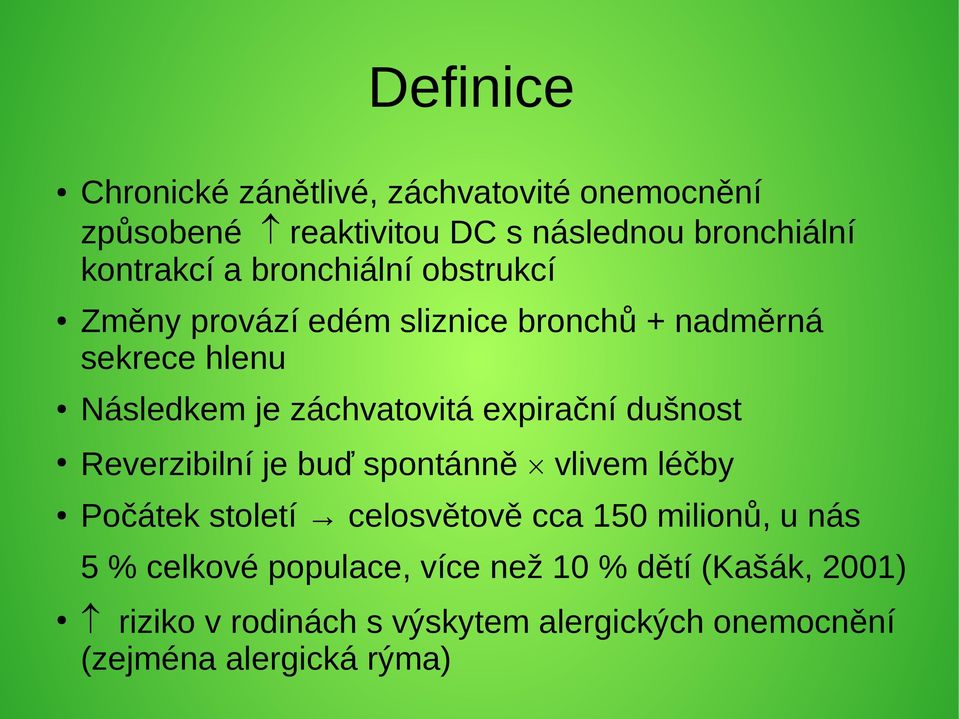 expirační dušnost Reverzibilní je buď spontánně vlivem léčby Počátek století celosvětově cca 150 milionů, u nás 5 %