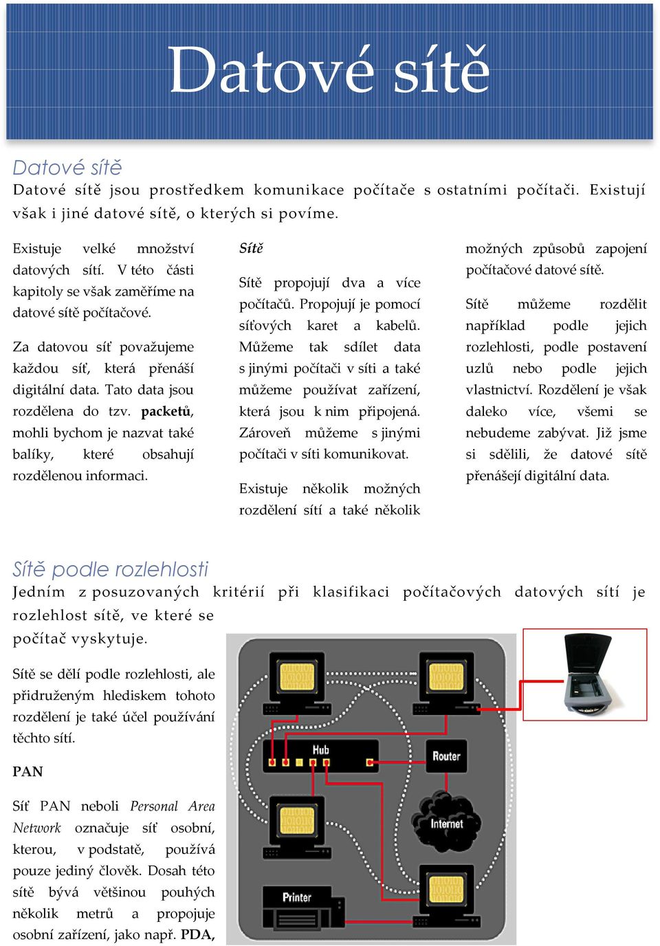 packetů, mohli bychom je nazvat také balíky, které obsahují rozdělenou informaci. Sítě Sítě propojují dva a více počítačů. Propojují je pomocí síťových karet a kabelů.