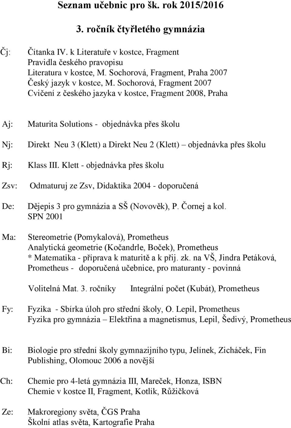 školu Klass III. Klett - objednávka přes školu Odmaturuj ze Zsv, Didaktika 2004 - doporučená Dějepis 3 pro gymnázia a SŠ (Novověk), P. Čornej a kol.