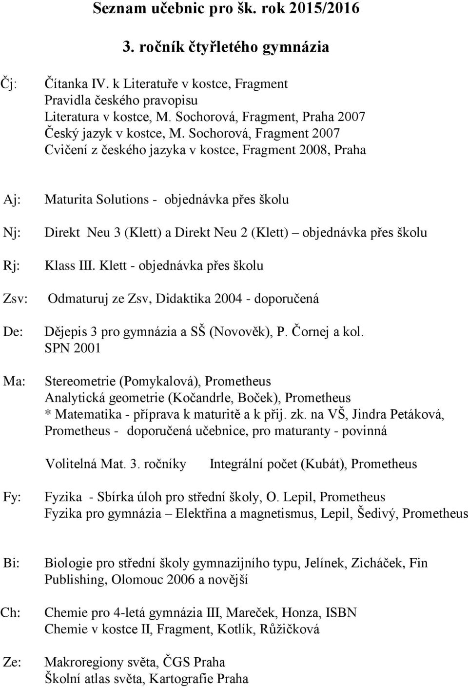 školu Klass III. Klett - objednávka přes školu Odmaturuj ze Zsv, Didaktika 2004 - doporučená Dějepis 3 pro gymnázia a SŠ (Novověk), P. Čornej a kol.