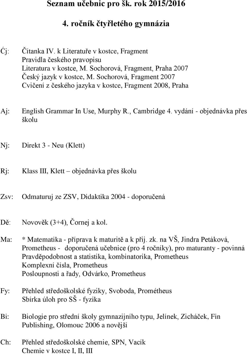 vydání - objednávka přes školu Direkt 3 - Neu (Klett) Rj: Klass III, Klett objednávka přes školu Zsv: Odmaturuj ze ZSV, Didaktika 2004 - doporučená Novověk (3+4), Čornej a kol.