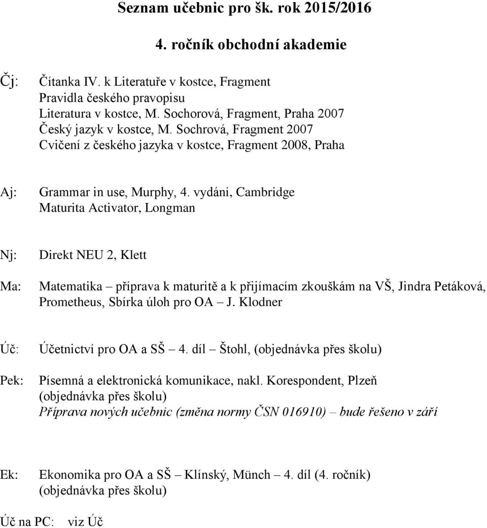 vydání, Cambridge Maturita Activator, Longman Direkt NEU 2, Klett Matematika příprava k maturitě a k přijímacím zkouškám na VŠ, Jindra Petáková, Prometheus, Sbírka úloh pro OA J.