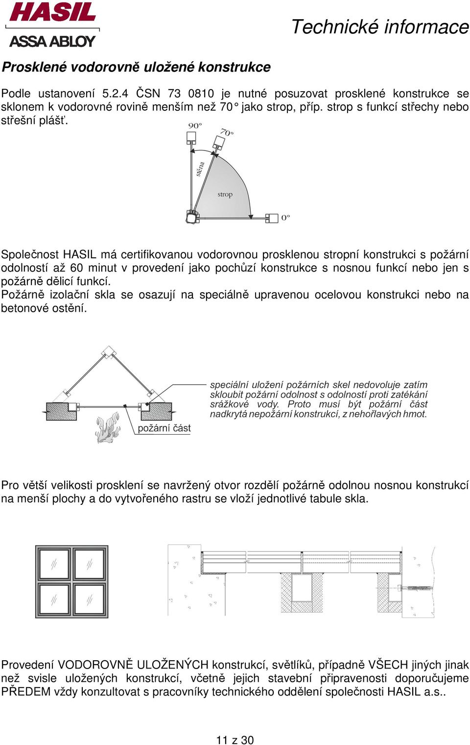 Společnost HASIL má certifikovanou vodorovnou prosklenou stropní konstrukci s požární odolností až 60 minut v provedení jako pochůzí konstrukce s nosnou funkcí nebo jen s požárně dělicí funkcí.