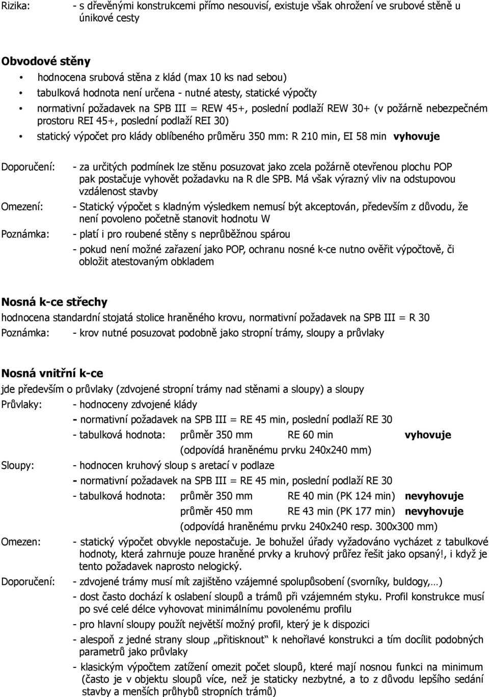 klády oblíbeného průměru 350 mm: R 210 min, EI 58 min vyhovuje Omezení: Poznámka: - za určitých podmínek lze stěnu posuzovat jako zcela požárně otevřenou plochu POP pak postačuje vyhovět požadavku na