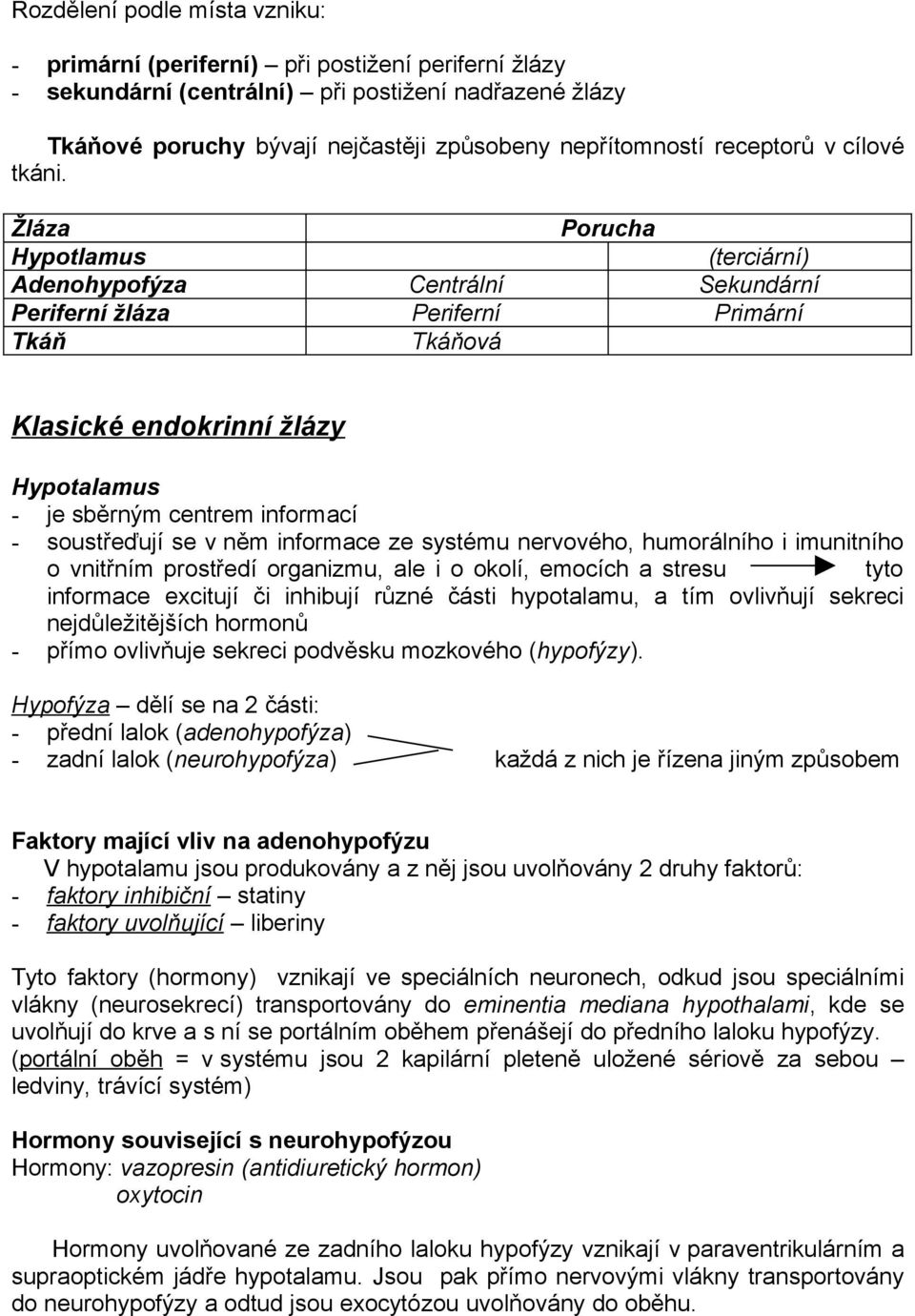 Žláza Porucha Hypotlamus (terciární) Adenohypofýza Centrální Sekundární Periferní žláza Periferní Primární Tkáň Tkáňová Klasické endokrinní žlázy Hypotalamus - je sběrným centrem informací -