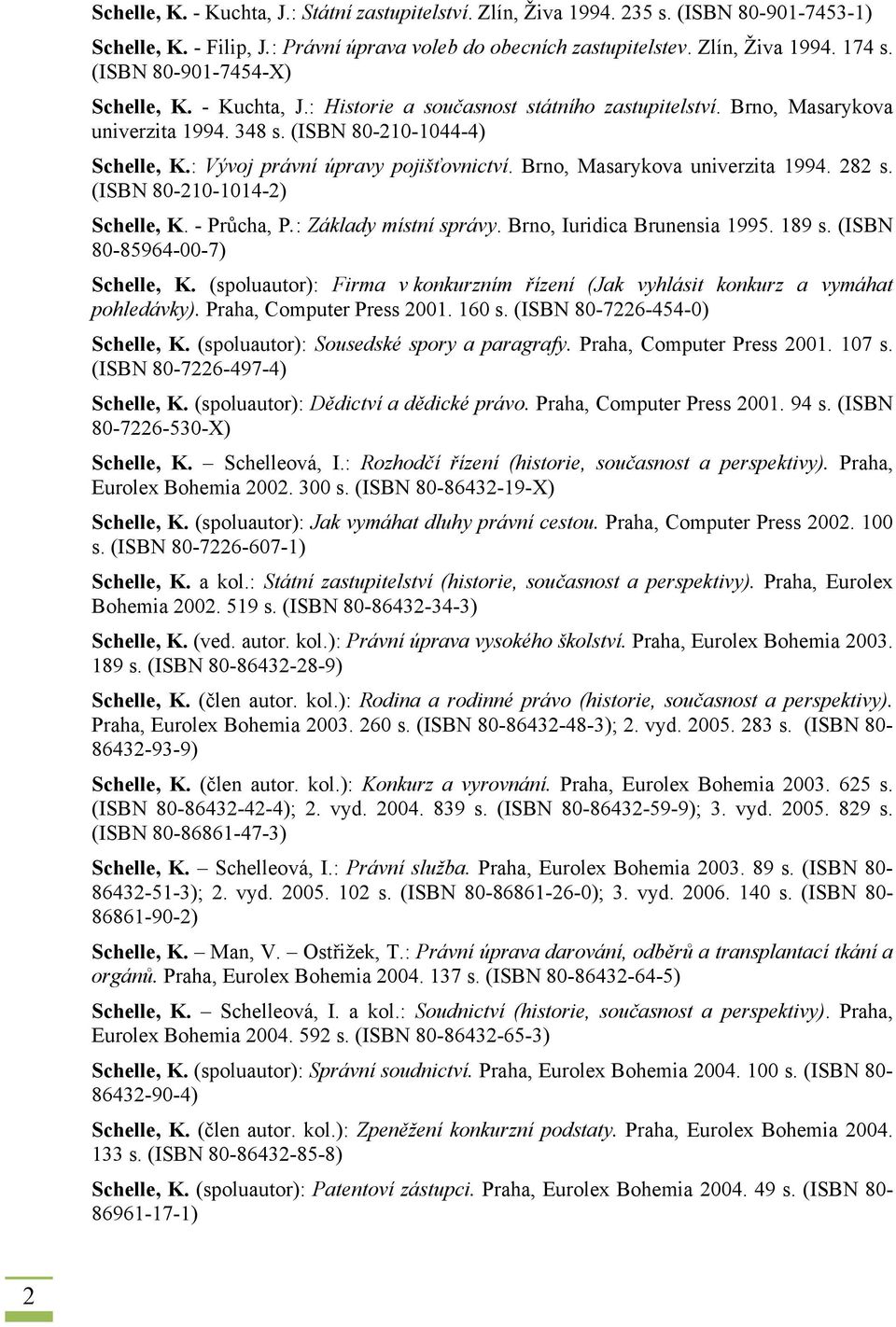 : Vývoj právní úpravy pojišťovnictví. Brno, Masarykova univerzita 1994. 282 s. (ISBN 80-210-1014-2) Schelle, K. - Průcha, P.: Základy místní správy. Brno, Iuridica Brunensia 1995. 189 s.