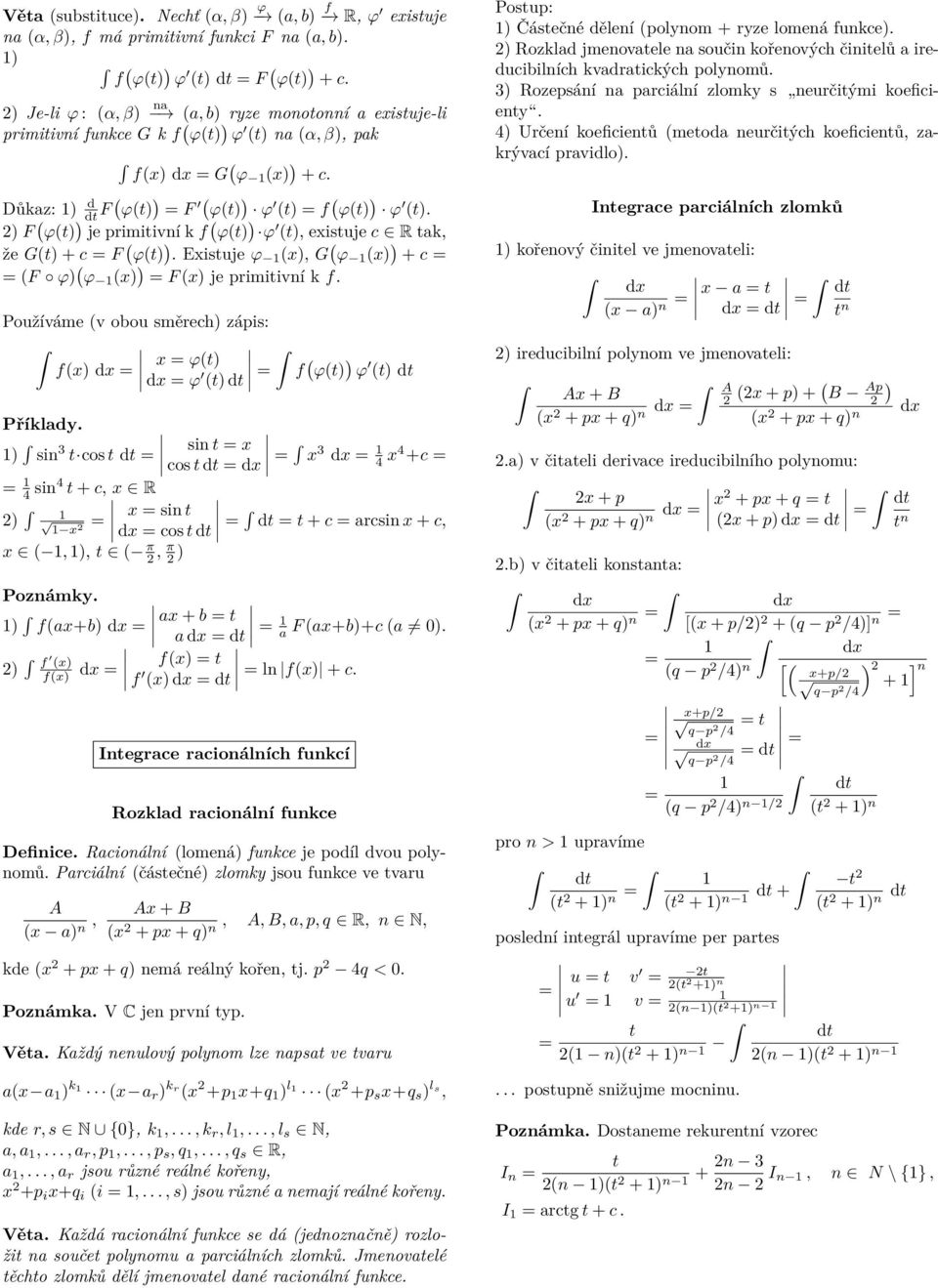 primitivní k f Používáme v obou směrech) zápis: f) d ϕt) d ϕ t) dt f ϕt) ) ϕ t) dt Příkldy ) sin 3 t cos t dt sin t cos t dt d 3 d 4 4 +c 4 sin4 t + c, R ) sin t d cos t dt dt t + c rcsin + c,, ), t