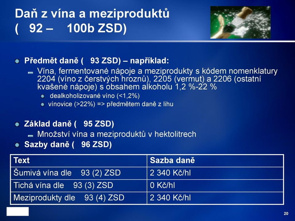 dealkoholizované víno (<1,2%) vínovice (>22%) => předmětem daně z lihu Základ daně ( 95 ZSD) Množství vína a meziproduktů v