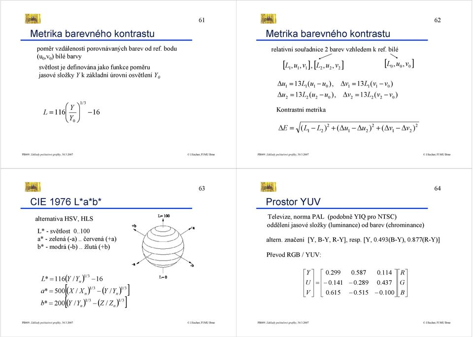 bílé u 1 u [ L, u, v ], [ L, u v ] [ L0, u0, v0 ] 2 = 13L ( u 1 = 13L 2 1 ( u u 2 0 u Kontrastní metrika E = 1 1 1 2 2, ), 0 ), 2 v 1 v = 13L ( v 2 1 = 13L 2 1 ( v v 2 0 ) v ( L v 2 2 2 1 L2 ) + ( u1